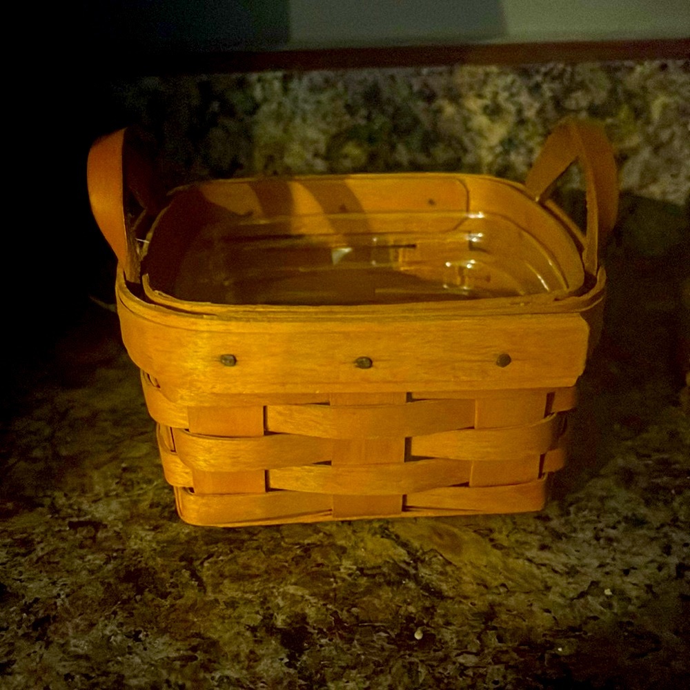 Longaberger square basket with plastic protective liner. 5”x5”x3”